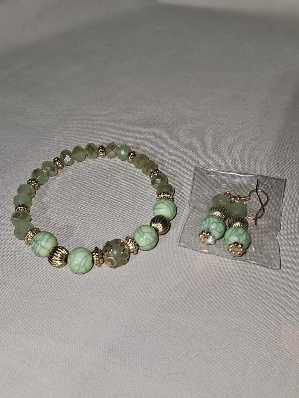 Green Beaded Bracelet and Earrings Set
